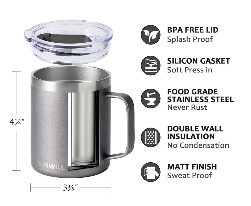 SUNWILL Travel Coffee Mug with Lid, Insulated Tumbler with Handle, 14 oz Stainless Steel Cup for Ice, Water, Tea, Cool Grey - Image 2